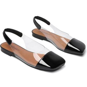 Black Slingback Sandals Square Toe Slip-On Flats